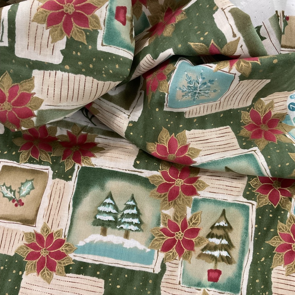 Festive Holiday Fabric with Poinsettia and Tree Design